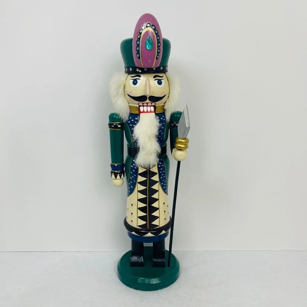 Vintage Wooden Nutcracker Soldier Green Cream Purple Jeweled Hat Spear 12 Inch
